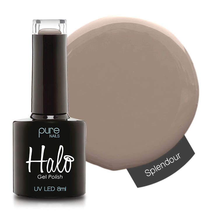 Pure Nails Halo Gel Polish bottle with a swatch of 'Splendour' colour on a white background by Stellia Beauty