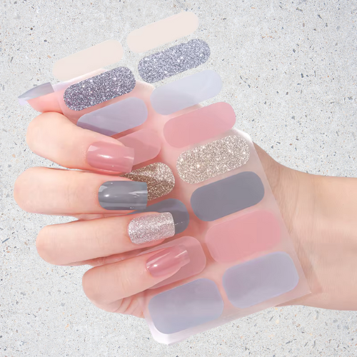 oft pink, grey, and glitter nail wraps with a gel-effect finish – elegant and long-lasting manicure
