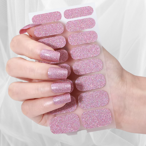 light pink glitter nail wraps with full sparkle gel-effect finish – long-lasting manicure by Stellia Beauty