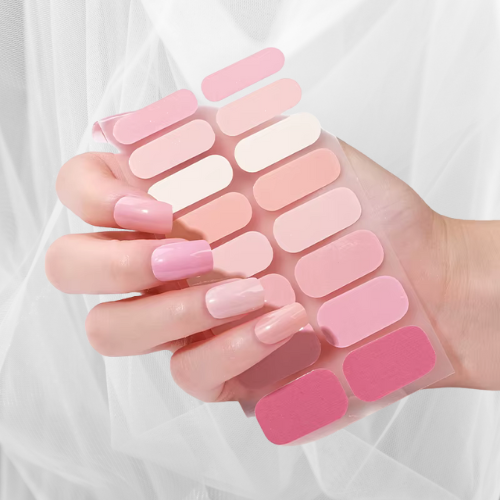 pink ombre gradient nail wraps in soft peach and nude tones – salon-style glossy finish