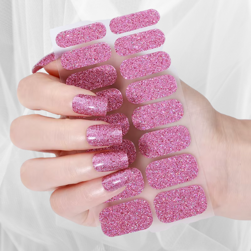 pink glitter nail wraps with full sparkle coverage – peel-and-stick gel-effect manicure