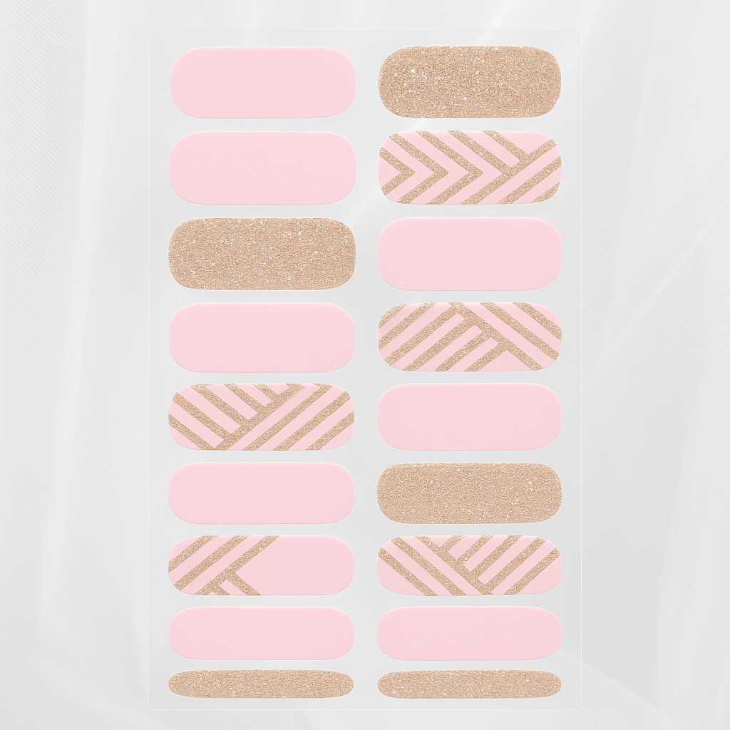 Set of pink and gold nail wraps on a light grey background | Stellia Beauty