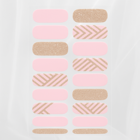 Sheet of pink and gold nail wraps on a light grey background by Stellia Beauty