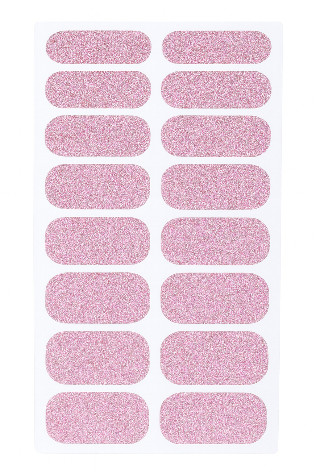 Sheet of pink glittery nail wraps on a white background by Stellia Beauty