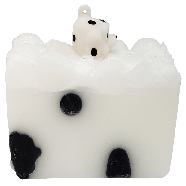 Puppy Love Soap Slice White dog-shaped candle with black paws on a clear background by Stellia Beauty