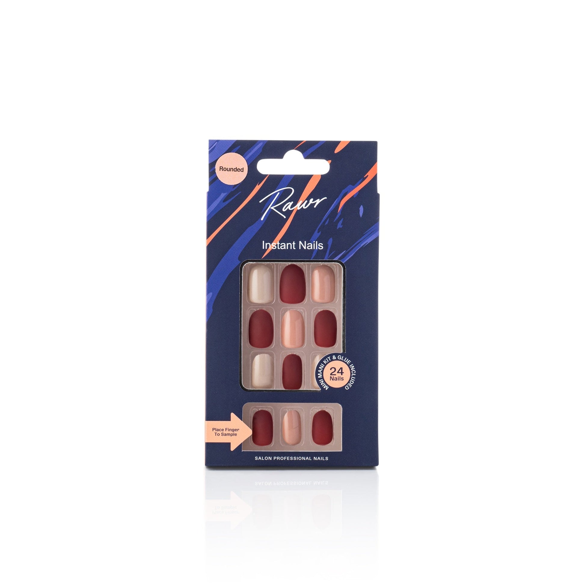 Pack of brown and beige press on nails with a blue and orange design on a white background by Stellia Beauty