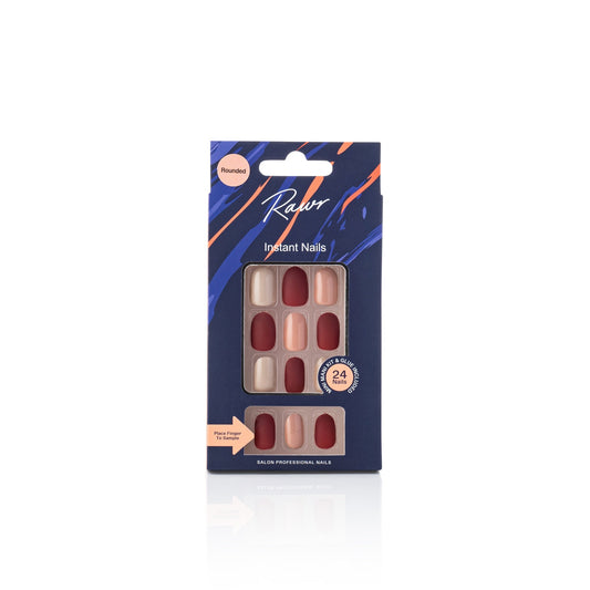 Pack of brown and beige press on nails with a blue and orange design on a white background by Stellia Beauty