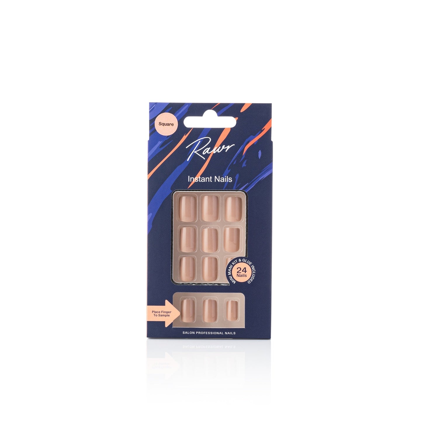 Pack of Rawr instant nails with a blue and orange design on a white background by Stellia Beauty