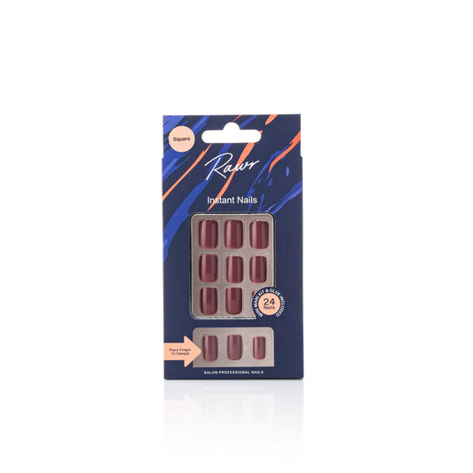 Pack of Rawr burgundy instant nails with a blue and orange design on a white background by Stellia Beauty