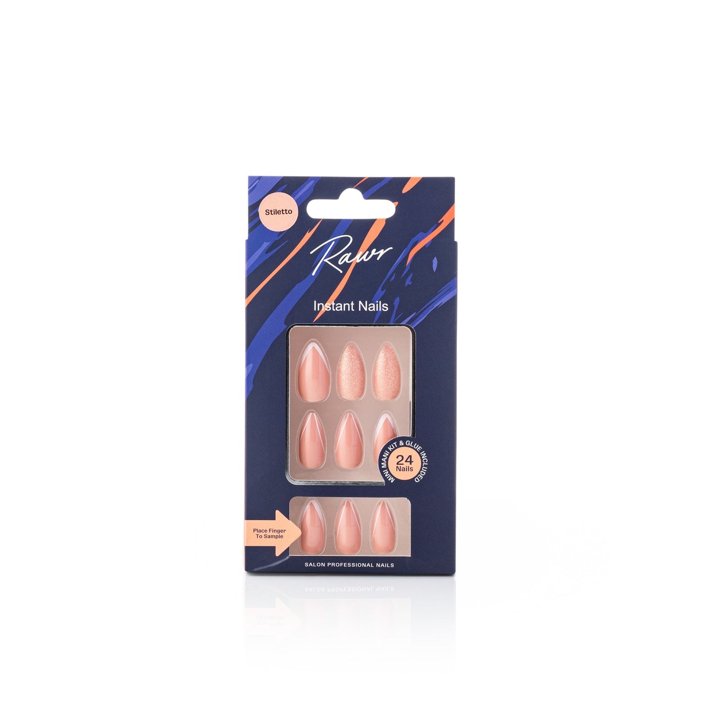 Pack of Rawr instant press glue on nails with a blue and orange design on a white background by Stellia Beauty