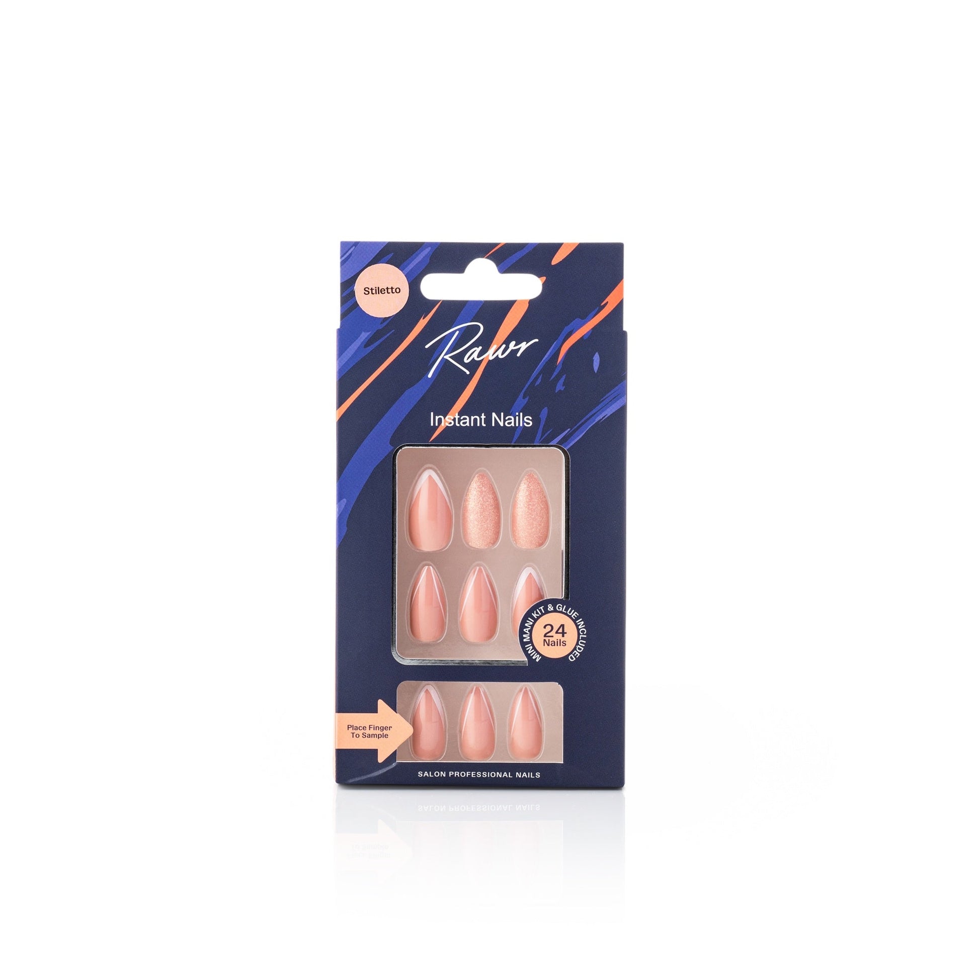 Pack of Rawr instant press glue on nails with a blue and orange design on a white background by Stellia Beauty