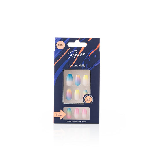 Packaging of Rawr Stick On Nails Rainbow Ombre instant nails with colorful design on a white background by Stellia Beauty
