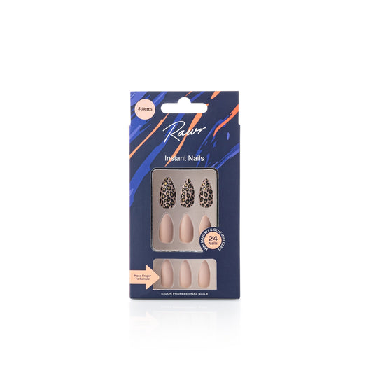 Packaging of Rawr nails with a blue and orange design on a white background by Stellia Beauty