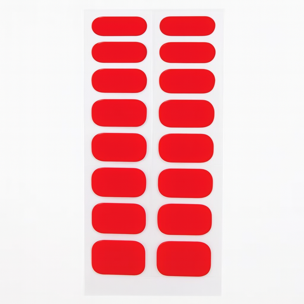 Sheet of red gel nail wraps on a white background by Stellia Beauty