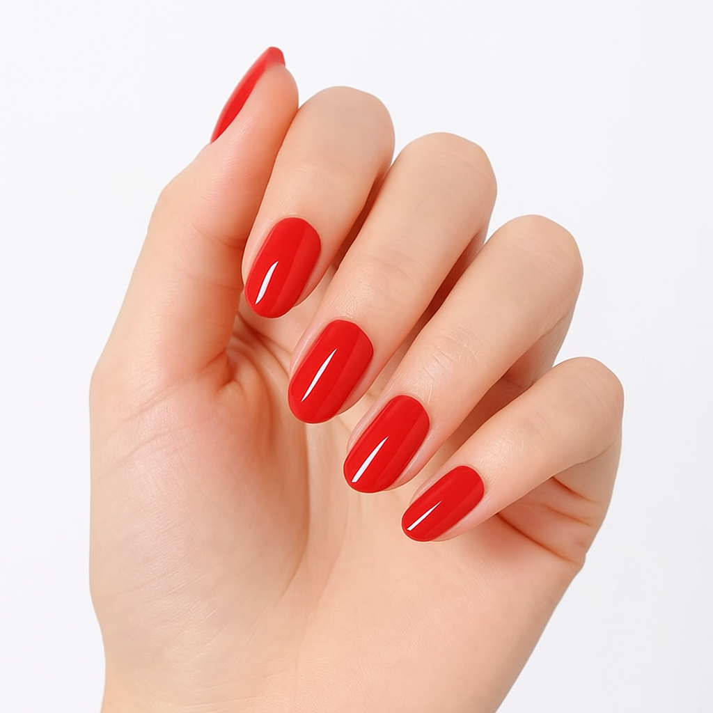 hand showing red gel nail wraps by Stellia Beauty