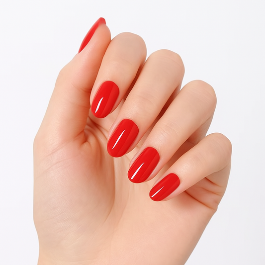 hand showing red gel nail wraps by Stellia Beauty