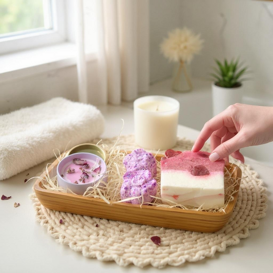 Its Coming up Roses, Rose Gift Set Inc English Rose Soap Slice, Rose and Pink Pepper Soy Wax Crystal Candle and Flower Shaped Bath Bombs