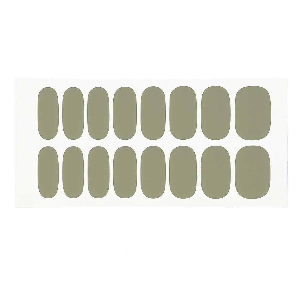 Sheet of sage green gel nail wraps on a white background by Stellia Beauty