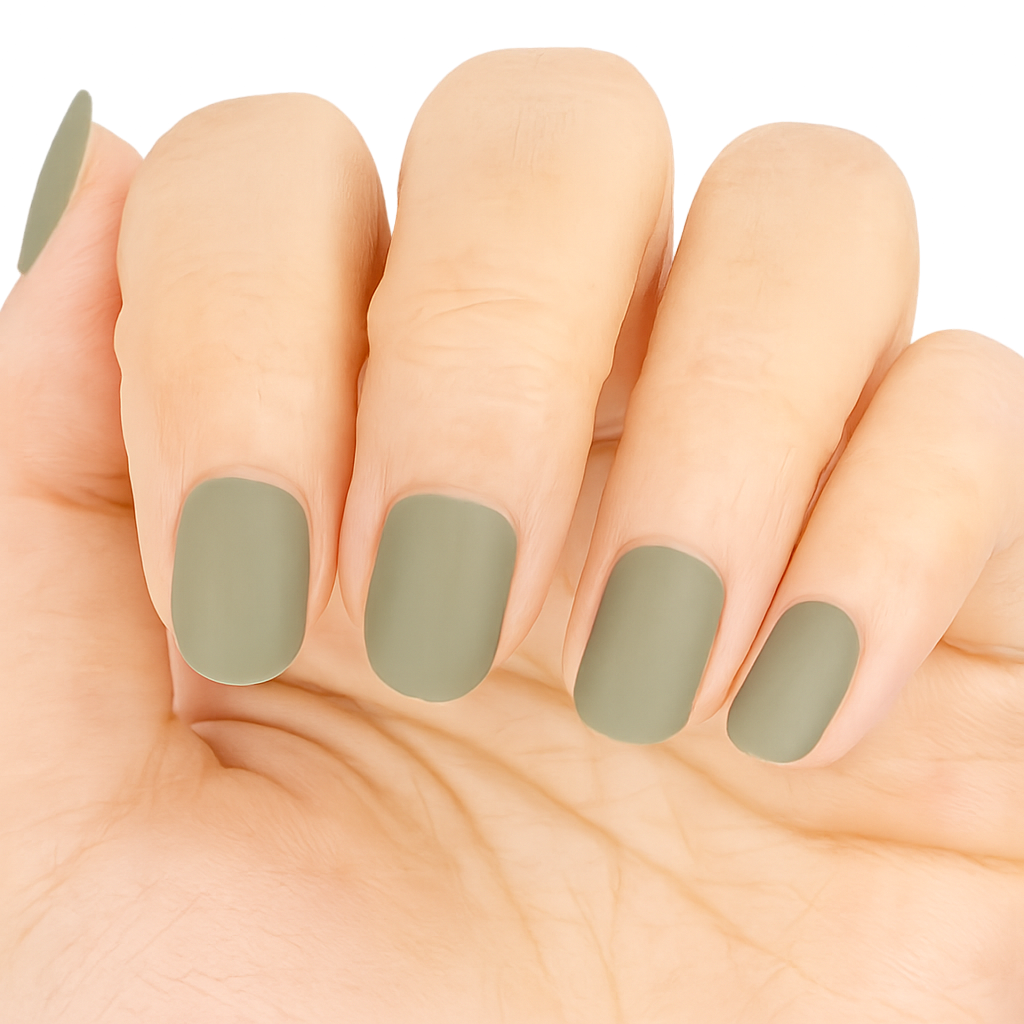 Hand showing Sage Green Gel Nail Wraps by Stellia Beauty