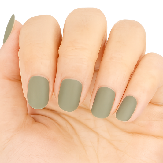 Hand showing Sage Green Gel Nail Wraps by Stellia Beauty