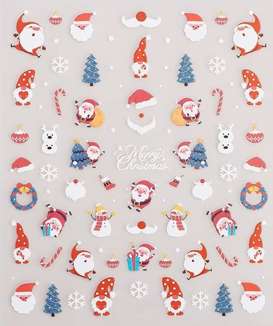 Sheet of Christmas nail stickers featuring Santa Claus, snowmen, Christmas trees, candy canes, wreaths, reindeer and festive holiday designs by Stellia Beauty