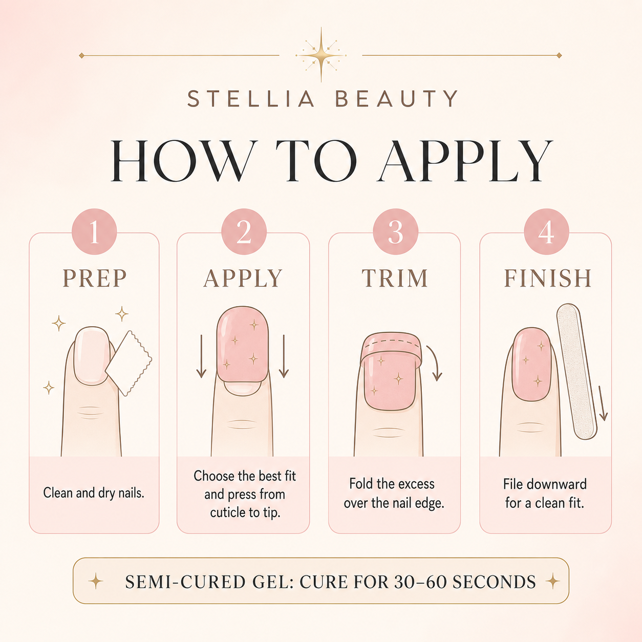 How to apply nail wraps guide for Pink Champagne Sparkle Semi-Cured Gel Nail Wraps by Stellia Beauty