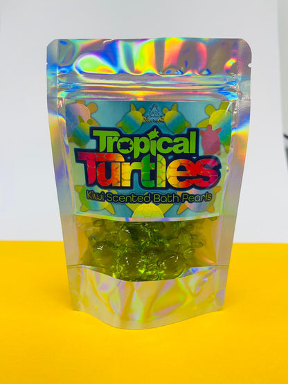 Tropical_Turtles_-_10_Pack_Kiwi_Scented_Bath_Pearls Bare Boutique_Stellia_Beauty on a white and yellow background