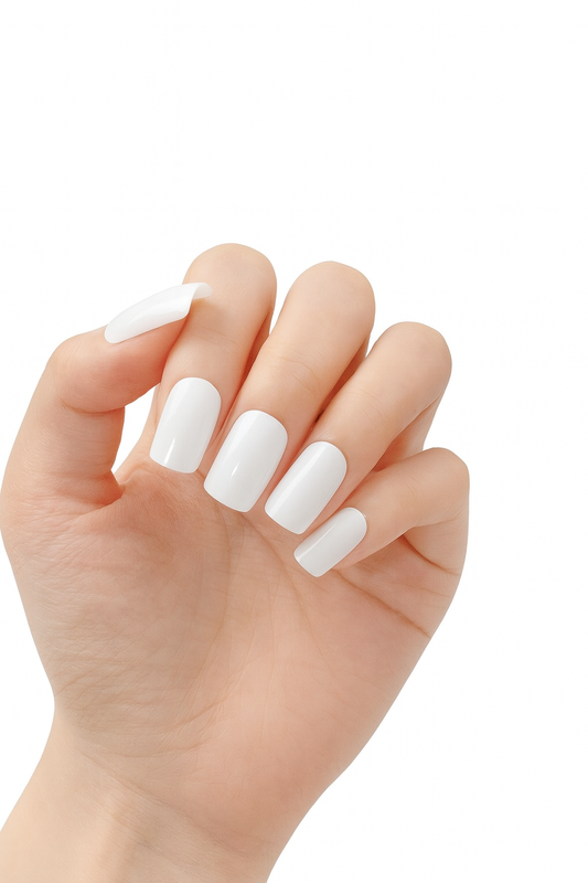 Hand with White Semi Cured Gel Nail Wraps on a white background by Stellia Beauty