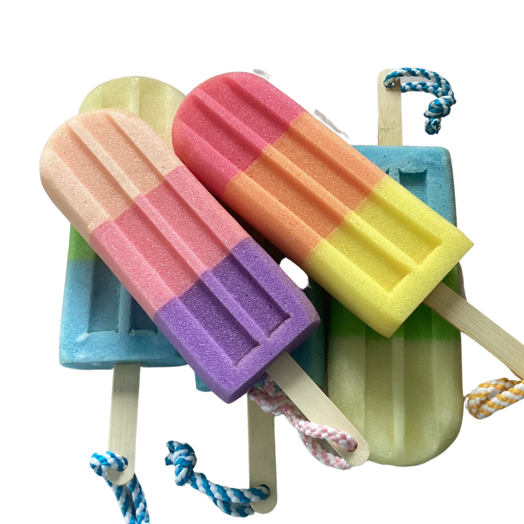 Jumbo Lolly Soap Sponge Fragranced with Snow Baby Designer Type, Soap on a Rope Lolly Shaped Pink, Peach and Lilac Sponge