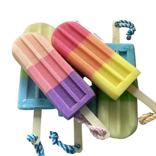 Jumbo Lolly Soap Sponge Fragranced with Snow Baby Designer Type, Soap on a Rope Lolly Shaped Pink, Peach and Lilac Sponge