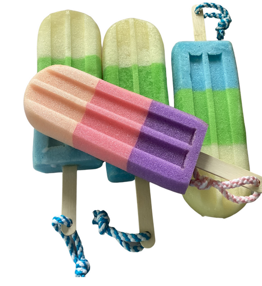 Jumbo Lolly Soap Sponge Fragranced with Snow Baby Designer Type, Soap on a Rope Lolly Shaped Pink, Peach and Lilac Sponge