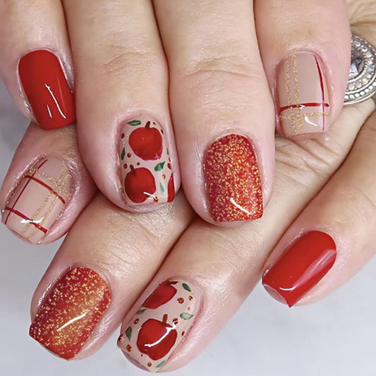 24Pcs Christmas Red False Nails Short Square French Press on Nails Christmas Eve Apple Glue on Nails Glossy Ballerina Fake Nail Acrylic Full Cover Removable Stick on Nail for Women Girls