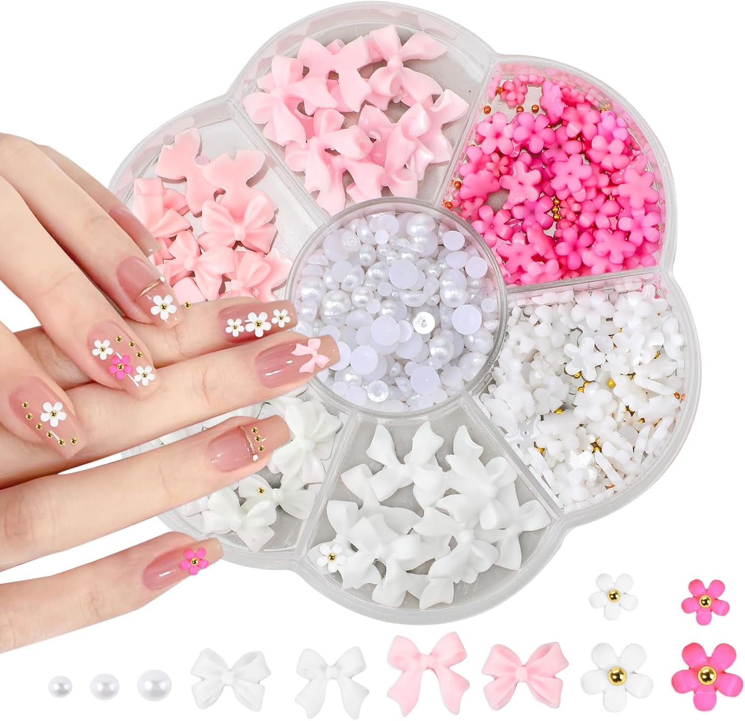 Flower Bow Manicure Kit Pink White 3D Flower Bow Half Pearls Nail Gems 3D Acrylic Flowers Bows Nail Charms for Women Girls