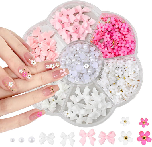 Flower Bow Manicure Kit Pink White 3D Flower Bow Half Pearls Nail Gems 3D Acrylic Flowers Bows Nail Charms for Women Girls