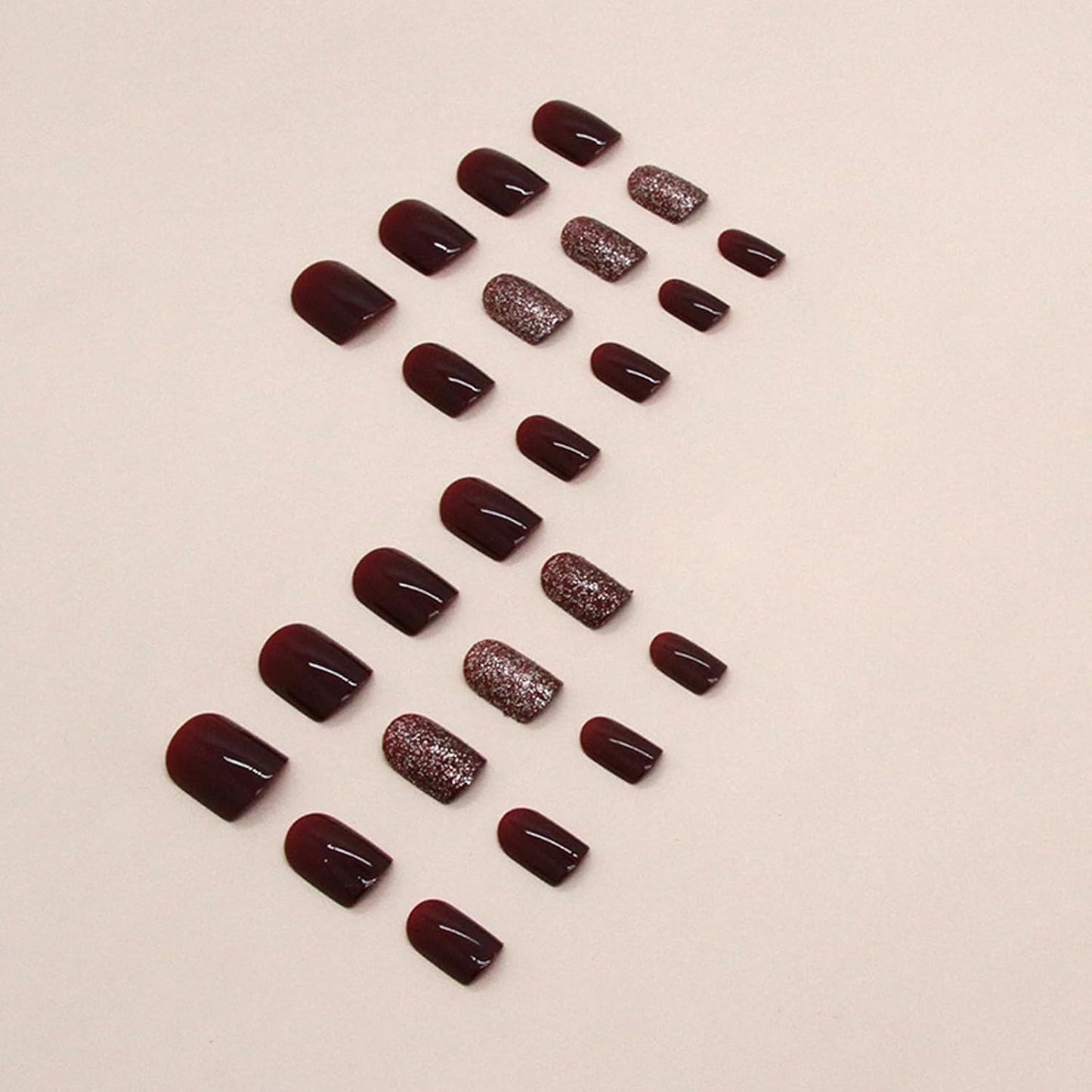 Wine Red False Nails - 24Pcs Red Glitter Square Press on Nails - Short Red False Nails with Glue - 12 Sizes Glossy Cherry Stick on Nails - French Tip for Women and Girls Nail Art