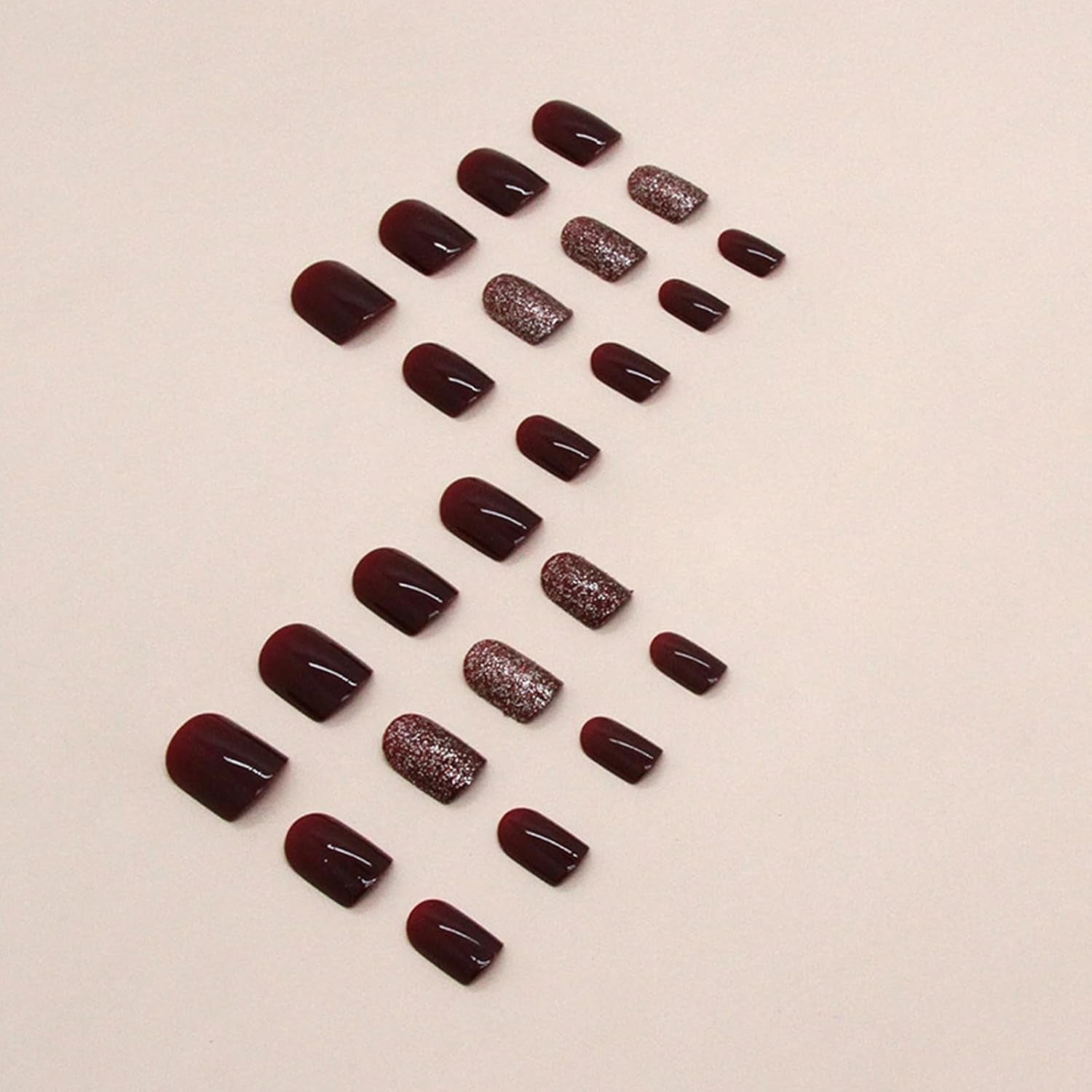 Wine Red False Nails - 24Pcs Red Glitter Square Press on Nails - Short Red False Nails with Glue - 12 Sizes Glossy Cherry Stick on Nails - French Tip for Women and Girls Nail Art