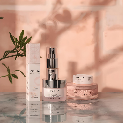Stellia Beauty skincare products on a marble surface with a soft pink background