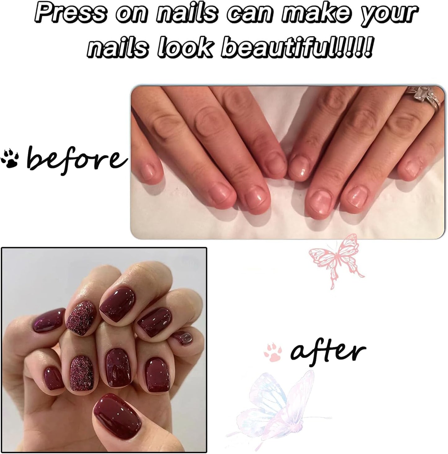 Wine Red False Nails - 24Pcs Red Glitter Square Press on Nails - Short Red False Nails with Glue - 12 Sizes Glossy Cherry Stick on Nails - French Tip for Women and Girls Nail Art