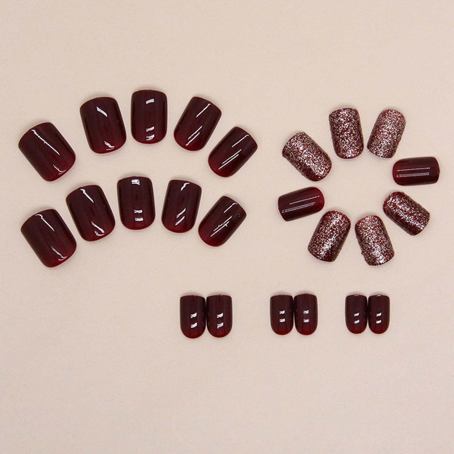 Wine Red False Nails - 24Pcs Red Glitter Square Press on Nails - Short Red False Nails with Glue - 12 Sizes Glossy Cherry Stick on Nails - French Tip for Women and Girls Nail Art