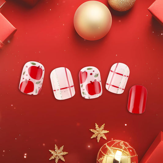 24Pcs Christmas Red False Nails Short Square French Press on Nails Christmas Eve Apple Glue on Nails Glossy Ballerina Fake Nail Acrylic Full Cover Removable Stick on Nail for Women Girls