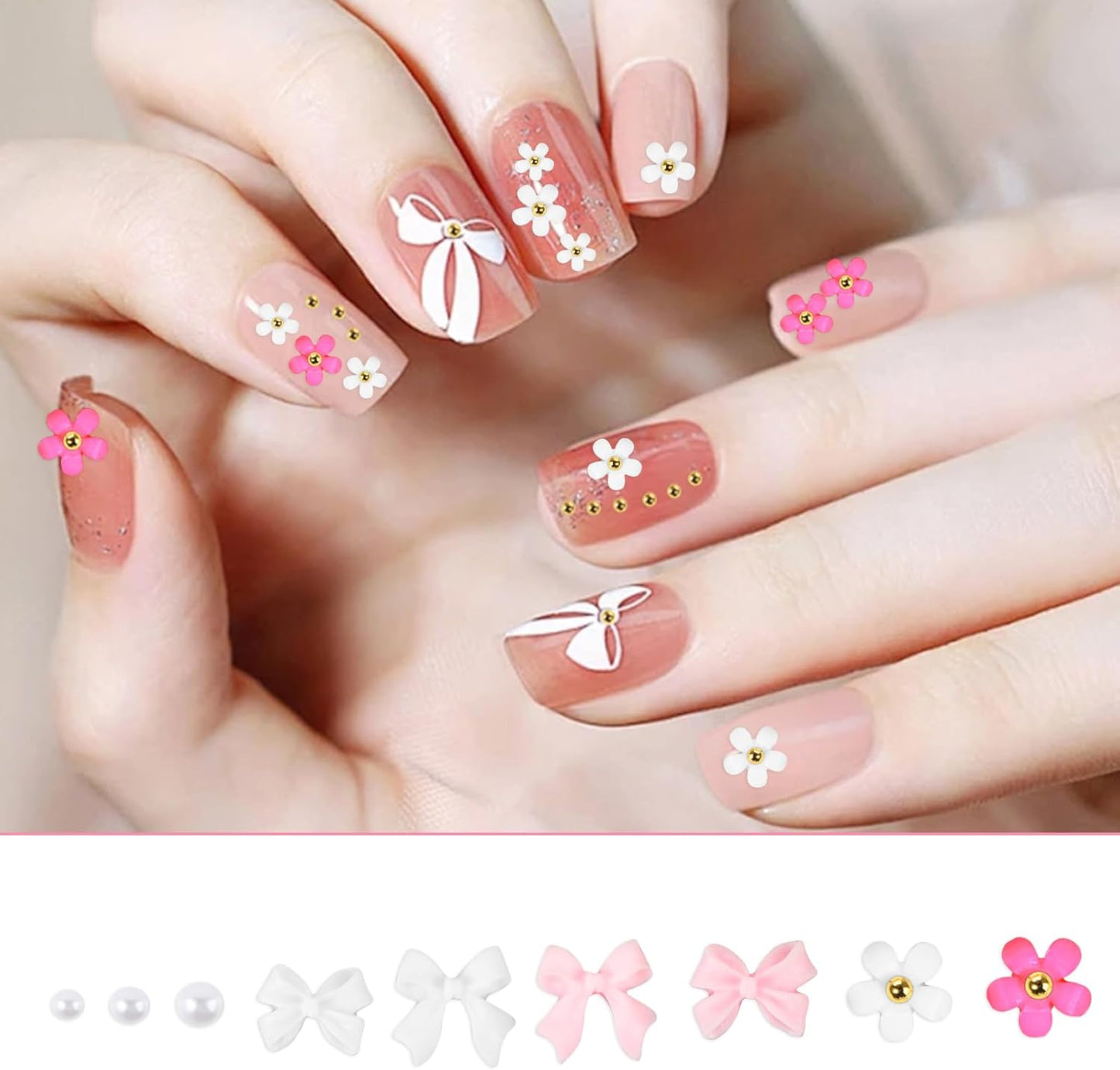 Flower Bow Manicure Kit Pink White 3D Flower Bow Half Pearls Nail Gems 3D Acrylic Flowers Bows Nail Charms for Women Girls
