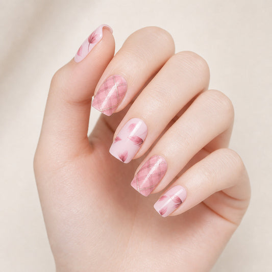 Pink Floral & Plaid Nail Wraps manicure on hand – Stellia Beauty
