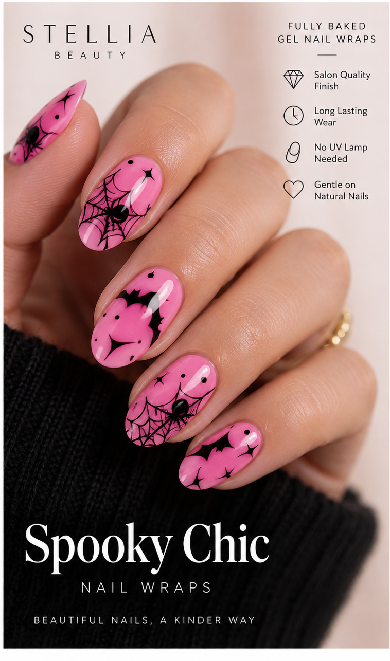 Hand wearing pink Halloween fully cured gel nail wraps by Stellia Beauty