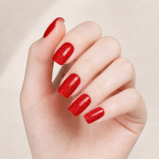 Red Shine Glitter Nail Wraps manicure on hand – Stellia Beauty