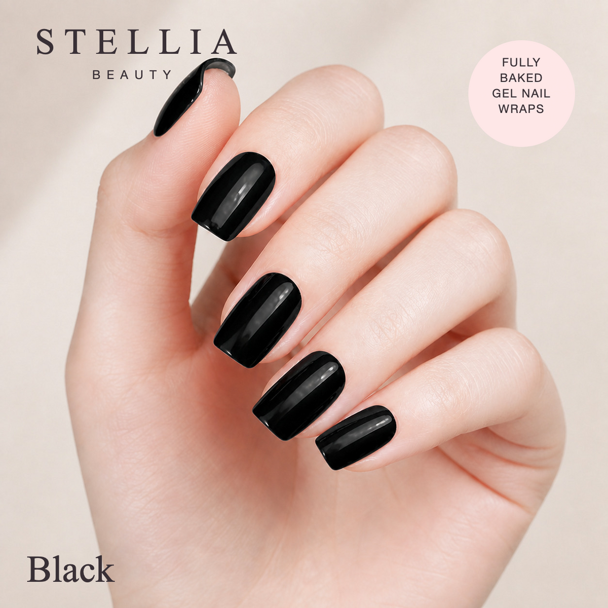 Stellia Beauty Black Fully Cured Gel Nail Wraps manicure