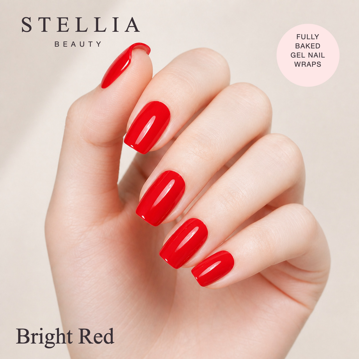 Stellia Beauty Bright Red Fully Cured Gel Nail Wraps manicure