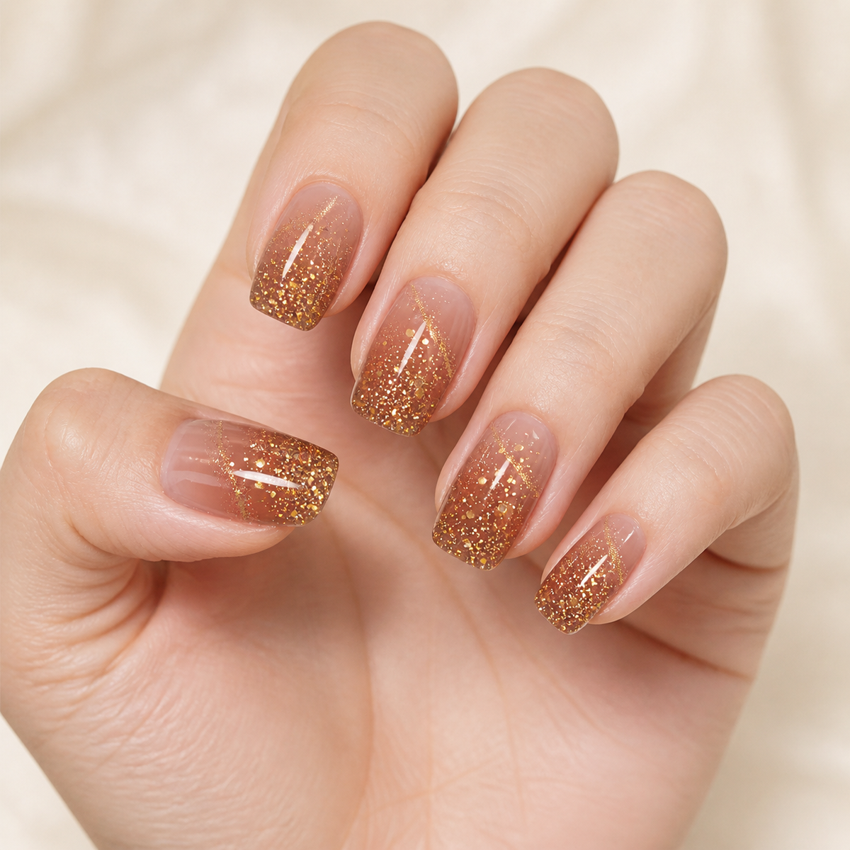 Stellia Beauty Champagne Shimmer nail wraps on a nude with champagne-gold glitter tips manicure