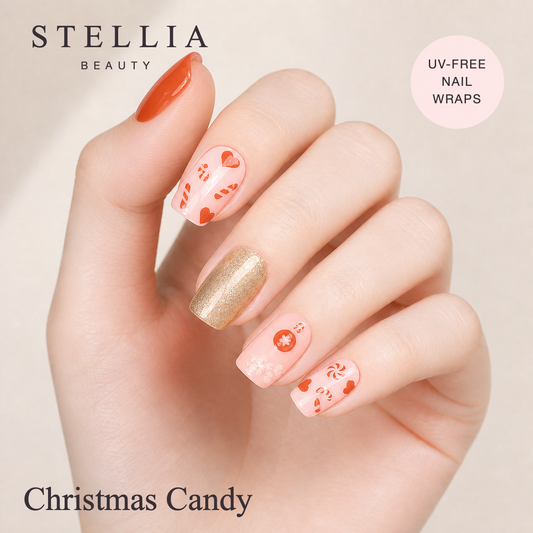 Stellia Beauty Christmas Candy Nail Wraps – Festive Red & Gold manicure