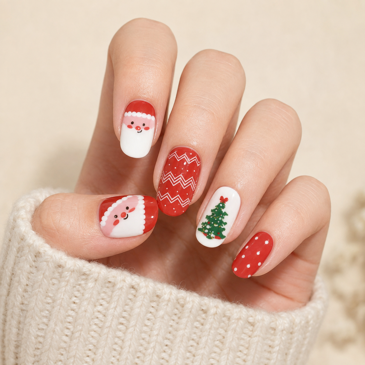 Stellia Beauty Christmas Magic nail wraps on a red and white Christmas motifs with Santa, fair isle and a green tree manicure
