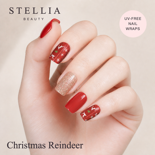 Stellia Beauty Christmas Nail Wraps – Festive Red & Gold with Reindeer Design and Free Delivery manicure